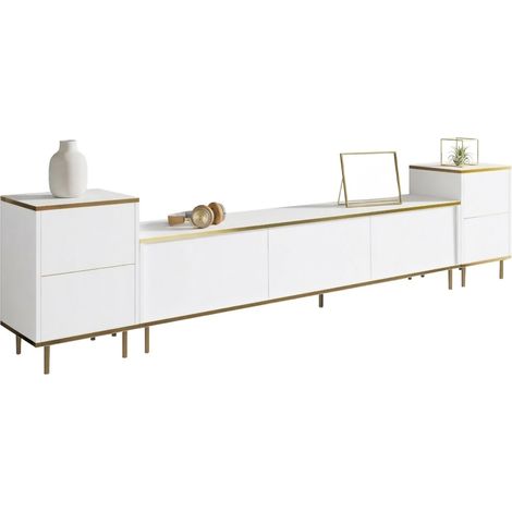 Mobile Porta tv Cortin, 2 Ripiani, 5 Ante, con Finiture oro, 180x35x45h cm Bianco