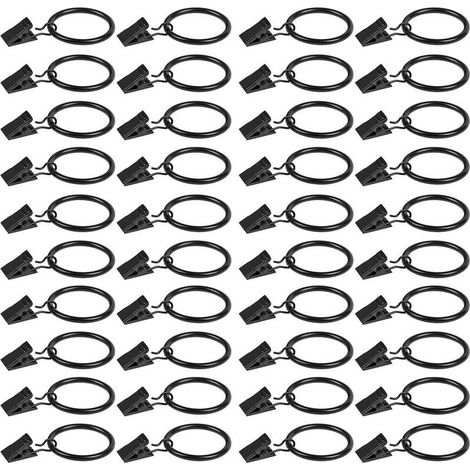 Lot de 40 Anneaux à Pince pour Tringle à Rideau, Clips avec Anneau en Métal pour Rideaux de Fenêtre et de Douche (Noir), (1/5)