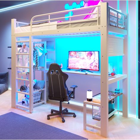 Etagenbett 90x200 cm in Weiß aus Metall mit LED, Schreibtisch und Stauraum (1/5)