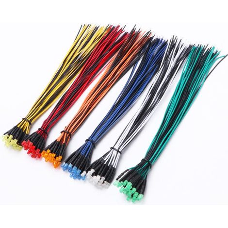 Pack of 120 pre-wired LEDs, 12 V, 3 mm pre-wired diodes light, diffuse emitting light diode, multiple colours, assorted lights, 20 cm (red / yellow / green / blue / white / orange, 20 pieces each) (1/5)