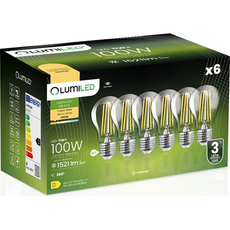 6 bombillas LED E27 A60 de 11 W = 100 W, 1521 lm, 3000 K, luz cálida, 360°, filamento LUMILED
