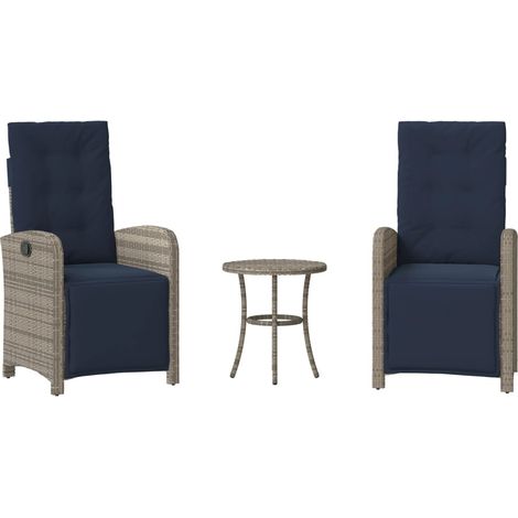 3 Piece Bistro Set with Cushions Grey Poly Rattan vidaXL (1/5)