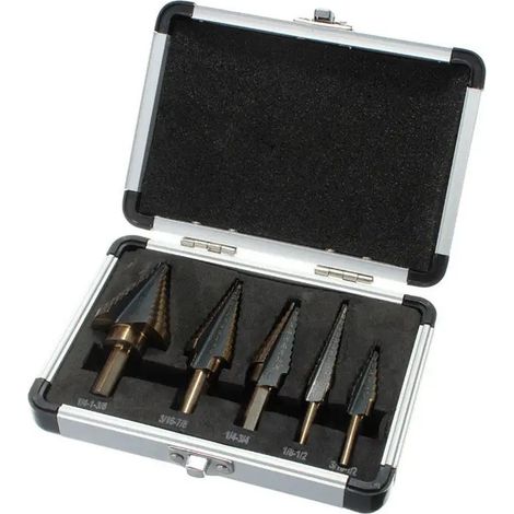 5pcs Carbon Steel Fillister Step Drill Bit Set, HSS Cobalt Titanium Conical Cone, Multiple Hole 50 Sizes, Aluminum Case Or Bag, with Electric Drill, for Construction, Carpentry, Wood, Metal (1/5)