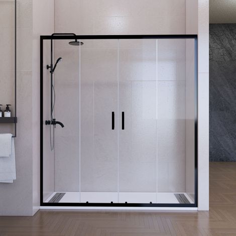 Mampara de ducha frontal corredera 180 cm 2 puertas + 2 fijos Negro mate Cristal transparente 6 mm perfil inferior 195 cm altura (1/4)