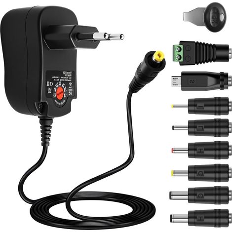 12W Adaptateur Secteur Universel AC DC 3V 4.5V 5V 6V 7.5V 9V 12V avec 8 Connecteurs DC Transformateur Chargeur Multi-Tension pour électroniques Ménagers, LED, Routeur, TV Box, Caméra 1000mA Max (1/5)
