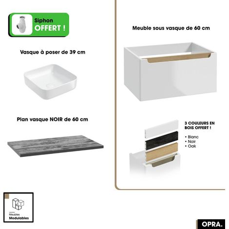 Ensemble meuble sous vasque avec plan et vasque à poser - Siphon OFFERT  OPRA  Blanc-Noir  60 × 30 × 45 cm (1/5)