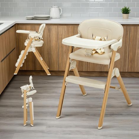 Chaise Haute Bébé Pliable et Portable, Siège de Repas pour Bébés et Tout-Petits, Coussin Imperméable Facile à Nettoyer, Plateau Amovible, Repose-Pieds Réglable, Pieds à Finition Grain de Bois Gris Cla