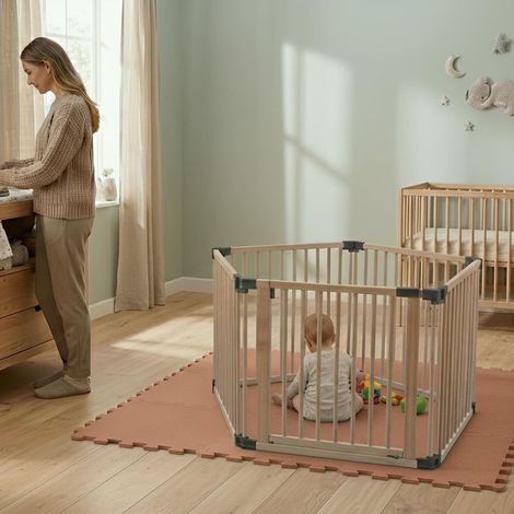 Safetots Wooden Play Den Pentagon 5 x 80cm, Natural Wood, 76cm High, with Soft Foam Play Mat, Mocha, 150cm x 150cm