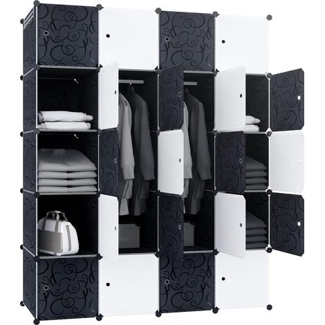 DIY Kleiderschrank Regalsystem aus Kunststoff Garderobenschrank Steckregal Steckregalsystem, Schwarz Weiß (20 Würfeln, mit 2 Kleiderstange) NAIZY (1/4)