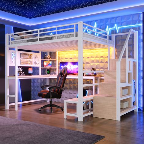 Lit mezzanine 2 places 140x200 cm avec bureau, escalier avec rangements, panneau perforé, LED, USB et USB-C, métal et MDF blancs (1/5)