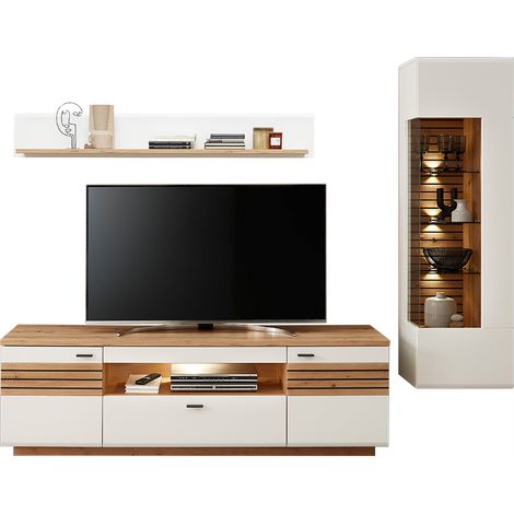 Wohnwand, weiß mit Eiche, FALLON-55, modern, 3-teilig, inkl. Beleuchtung (1/5)