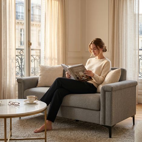 FX-P22EU-LG (SOFA 557-8) Canapé scandinave en tissu lin, bois massif & pieds métal – Confort moderne, idéal salon & appartement (1/4)