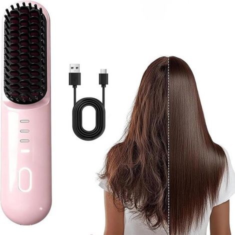 Brosse coiffante sans fil - Brosse pour cheveux courts - Chauffage rapide avec 3 réglages de température - Technologie ionique céramique - Rechargeable par USB-C Rose - 1 pièce - Idéale pour les voyag (1/5)