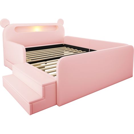 Letto imbottito per bambini 140 x 200 cm rosa con testiera a orso, LED, USB e contenitore (1/5)