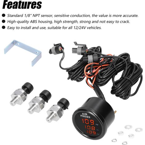 Manomètre numérique à triple affichage LED pour suspension pneumatique, 0-220 PSI, avec 3 capteurs 1/8 NPT (1/2)
