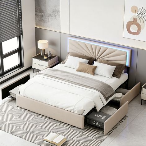 HYTKKBD – Lit Double 160x200cm avec 4 Tiroirs,Tête de Lit avec Éclairage LED,Tête de Lit Réglable,Lit Capitonné avec Sommier à Lattes,Lit Adulte Style Moderne,Lin,Beige (1/5)