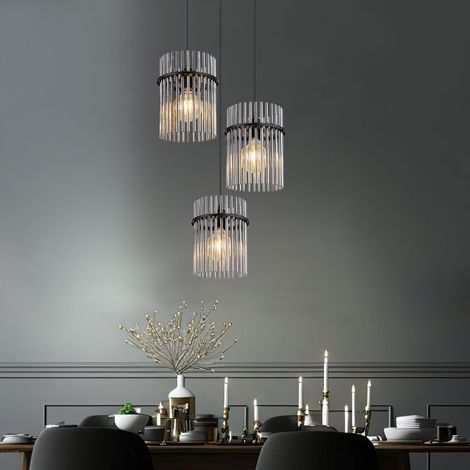 Hängeleuchte Pendellampe Esszimmerleuchte Wohnzimmerlampe Deckenleuchte, Metall Glasstäbe schwarz rauchfarben, 3x LED 9W 810Lm warmweiß, H 140 cm