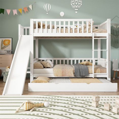 Lit superposé - 90x200/90x190 - avec lit gigogne - toboggan & étagères - pin/MDF blanc