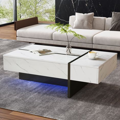 Table basse LED blanche, table d’appoint rectangulaire, finition effet marbre, 105×60×35 cm, panneau de particules (1/5)