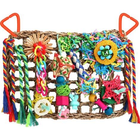 Jouets pour Perruches, Calopsittes, Conures, Inséparables - Accessoires de Recherche de Nourriture, Déchiquetage en Jonc de Mer - Mur avec Divers Jouets pour Oiseaux (1/5)