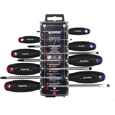 Cofan Set da 4 cacciaviti a taglio e 4 cacciaviti Phillips Modello Confort Plus Custodia speciale con gancio (PH0,1,2,3-SL4,6.5,8)