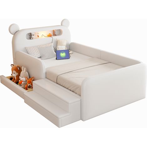 Kinder-Polsterbett Einzelbett mit Stauraum, Nachtlicht USB und Stufensitz, 90 x 200 cm, ohne Matratze, Weiß