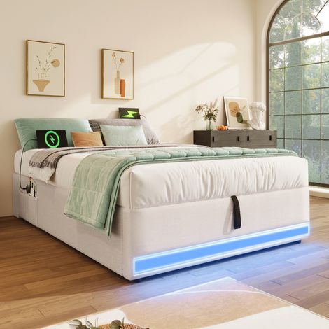 Lit coffre 90x200 cm avec bande lumineuse LED, équipé d'un port USB-C, petite poche de rangement sans tête de lit beige(sans matelas) (1/5)