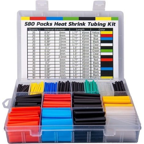 580 Pièces Gaine Thermorétractable, Ratio de Contraction 2: 1 du Kit de Tube de Câble Thermorétractable D'isolation Électrique (6 Couleurs, 11 Tailles) (1/5)