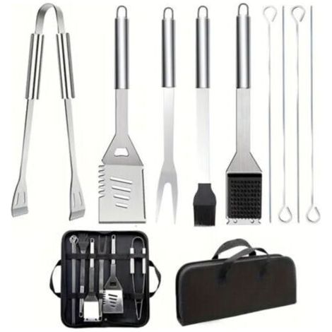 Ensemble d'ustensiles de barbecue en acier inoxydable 9 pièces avec sac de transport, pelle, brosse métallique, pinces et fourchette, accessoires de cuisine en plein air et de camping (1/3)
