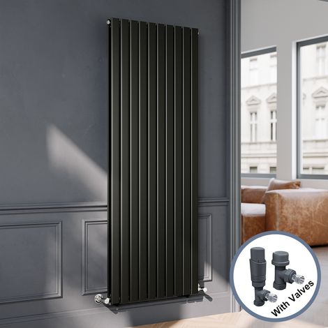 ELEGANT Black Flat Panel Central Heating Radiator with Anthracite Angled Thermostatic Radiator Valves 1800 x 680mm Vertical Double Panel Rads (1/5)