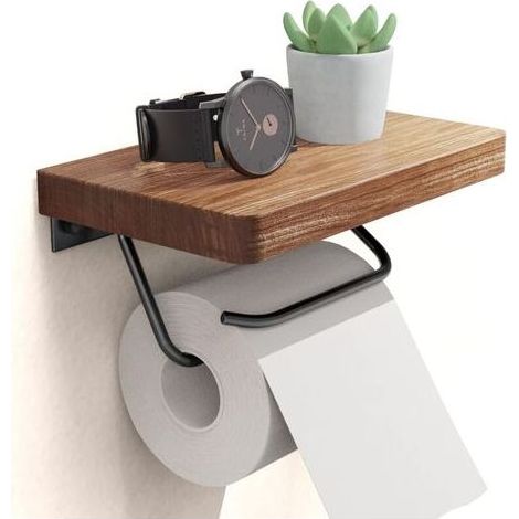 Lntyq Porte-papier hygiénique avec étagère pour salle de bain de ferme Porte-rouleau de papier toilette rustique Fixation murale Antirouille Réglable Facile à déchirer Noyer (1/5)