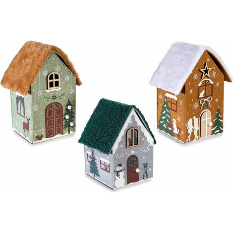 Cestini natalizi a contenitore in panno a casetta con tetto apribile stampa paesaggio innevato, set da 3 pezzi, cm 12 x 9 x 17 H