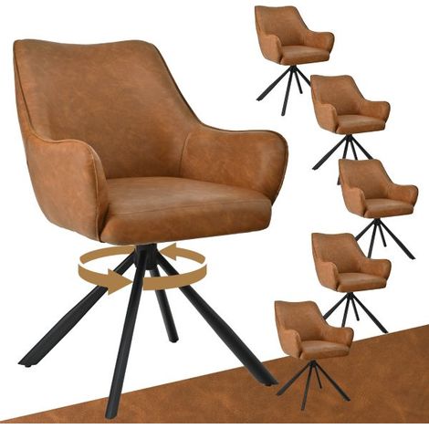 Bon Furni Kunstleder Esszimmerstuhl Braun, 6er Set, 360° drehbar, ergonomisch mit Federkern, unsichtbarem Reißverschluss & verstellbaren Füßen (1/5)