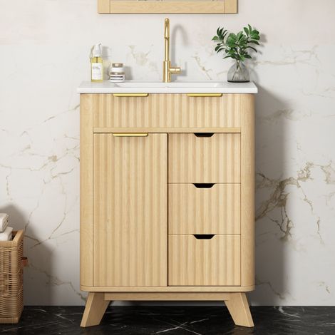 Mueble de baño de pie con lavabo de cerámica - 61x47x90 cm armario de baño mdf con puerta corredera ondulada y 3 cajones - madera natural (1/5)