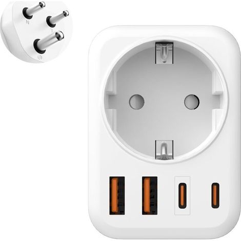 Adattatore da viaggio, adattatore per spina indiana, adattatore da viaggio 5 in 1 da Francia a India con 1 presa CA, 2 porte USB-C e 2 porte USB-A per India, Sri Lanka, Nepal, Congo. Adattatore da via (1/5)