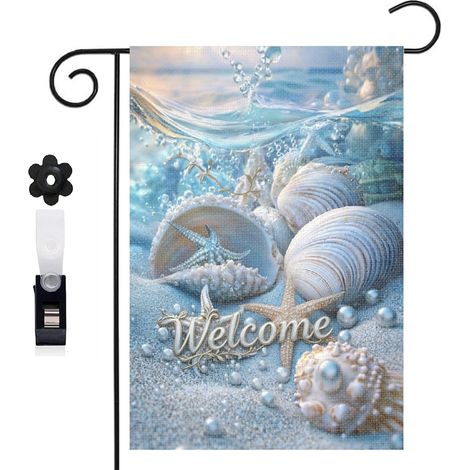Drapeau de jardin bienvenue 30 x 45 cm motif coquillages escargots marins et sable toile double face (1/5)