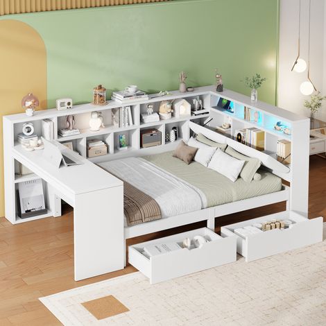 Lit d'angle en bois 140x200 cm, meuble plateforme avec table et étagères, sommier capitaine incluant tête de lit matelassée, rangements coulissants intégrés, lumière LED - Blanc