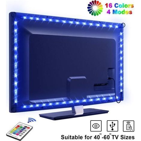 LED TV Lightstrip Etanche avec Télécommande, NetBoat Ruban LED RGB 5050 Alimenté par USB,2.2M Bande Lumineux 16 Couleurs 4 Modes (1/4)