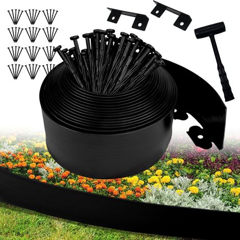 Bordure de Jardin Flexible 10cm,Longueur 20m,Bordure Jardin Exterieur Plastique,avec 60 piquets et 2 connecteurs + 1 Marteau(Bord Lisse, 10cmx20m) (1/5)