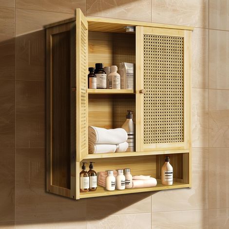Armadietto Bagno Pensile in bambu da Parete Mobile Salvaspazio Cucina con 2 Ante Ripiano Regolabile 59x20,5x66,5cm (1/5)