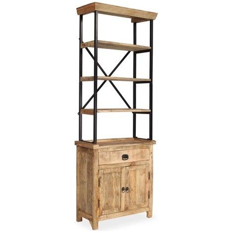 Bibliothèque 2 portes 3 étagères bois recyclé clair et métal Induka (1/5)
