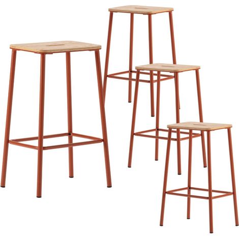 Lot de 4 tabourets de bar H65cm en bois naturel pied en métal brique - BAHIA (1/5)