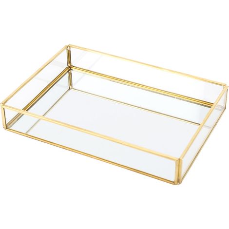 Boîte de rangement vintage en métal et verre, plateau doré, présentoir à bijoux et cosmétiques (petit format) (1/5)