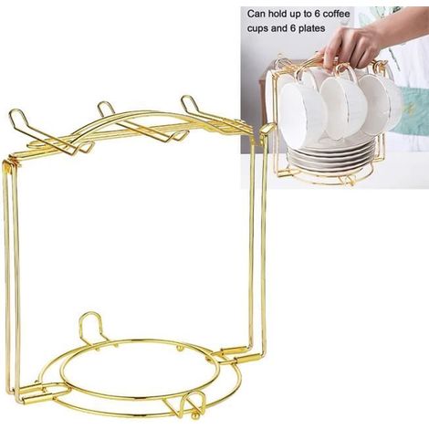 Porte-tasse à Café Porte-gobelet en Métal Étagère à Tasse à Café Ensemble de Thé Présentoir pour 6 Tasses à Soucoupe Cuillère ,Doré (1/4)