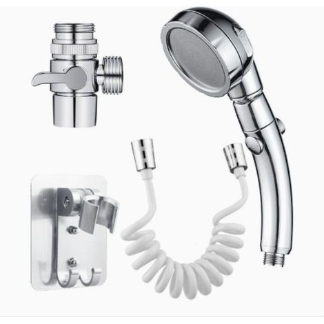 Douchette à main (avec flexible et support) - Haute pression - Économie d'eau - Rotation à 360° - Pommeau de douche réglable avec interrupteur marche/arrêt et 3 jets - Convient pour... (1/5)