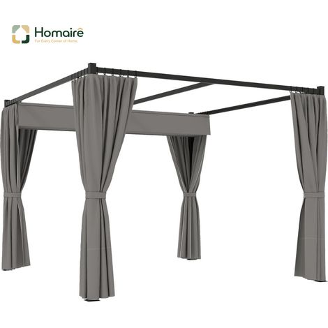 HOMAIRE Pergola 3x3m freistehend Terrassenüberdachung mit Schiebedach und 4 UV-beständigen Hellgrau Seitenwänden