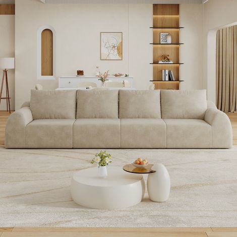 Canapé 4 places droit, canapé en tissu chenille kaki, canapé modulable sans cadre, mousse haute élasticité, livré compressé sans montage, 324 × 95 × 85 cm, pour salon, chambre et appartement