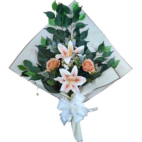 Bouquet de Fleurs artificielles pour cimetière à Mettre dans Un Pot, Un Vase ou sur Une Tombe 73 x 63 x 20 cm (Liliums Oranges) (1/4)