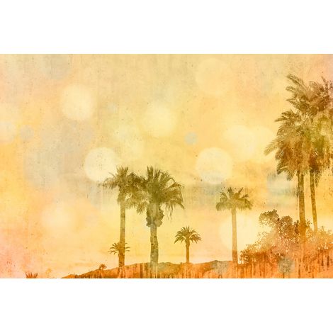 Papier peint panoramique aquarelle jaune palmier Tapisserie panoramique orange & jaune salle de bain Papier peint panoramique salon intissé (1/2)