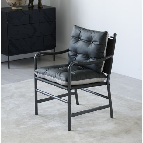Sillón de acento moderno de mediados de siglo, tapizado en cuero PU negro, con estructura de metal (1/5)